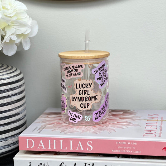 Everyday Ego Glass Mug Cup+Lid+PlasticStraw 17oz Lucky Girl Syndrome Glass Mug