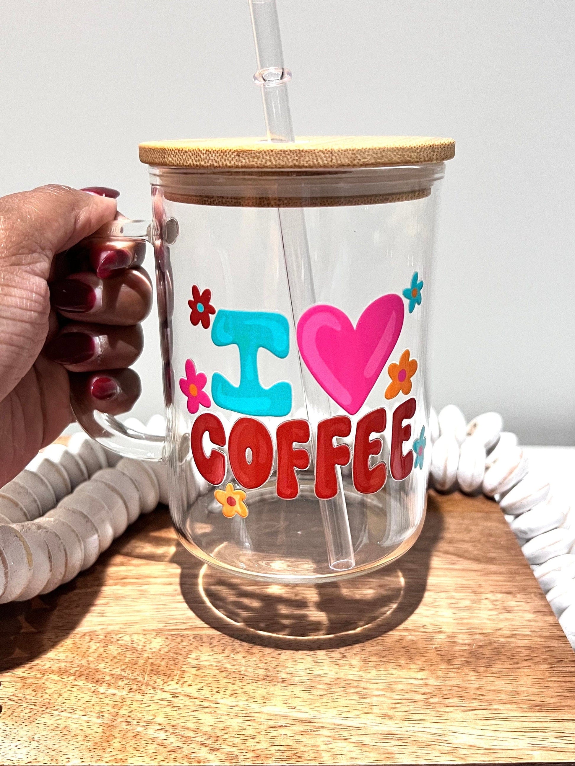 Everyday Ego Glass Mug Cup+Lid+PlasticStraw I Love Coffee Glass Mug