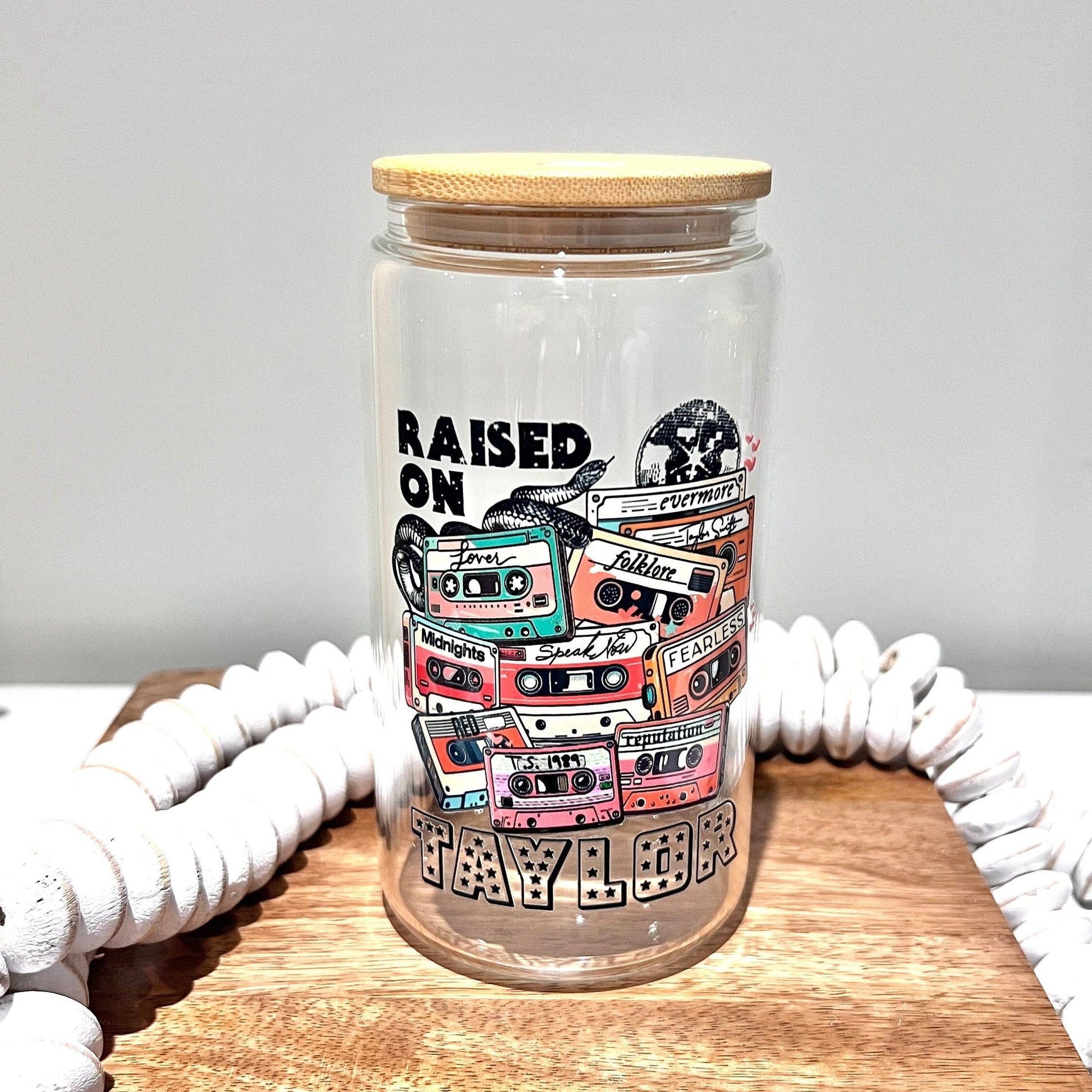 Everyday Ego Raised on T | Cute Glass Cup | Gift for Music Fan | Glass Can | 16oz Libbey Glass | Swiftea Glass Cup With Bamboo Lid | Iced Coffee Cup
