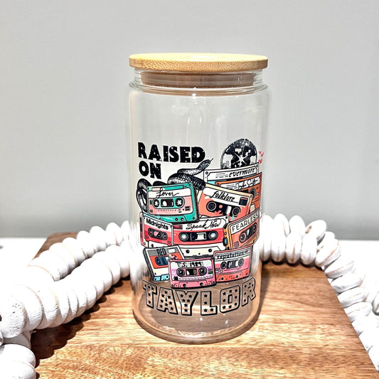 Everyday Ego Raised on T | Cute Glass Cup | Gift for Music Fan | Glass Can | 16oz Libbey Glass | Swiftea Glass Cup With Bamboo Lid | Iced Coffee Cup