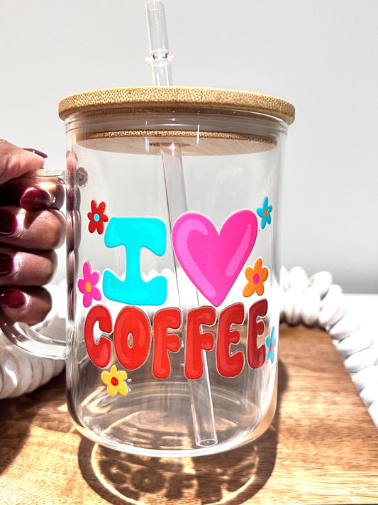 Everyday Ego Glass Mug Cup+Lid+PlasticStraw I Love Coffee Glass Mug