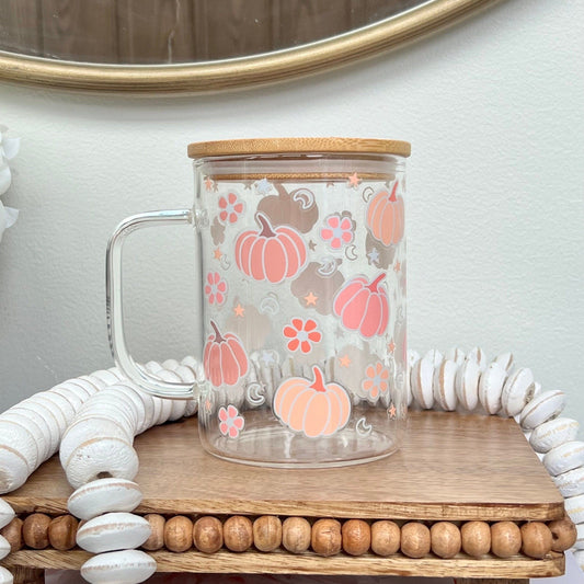 Everyday Ego Cup+Lid+PlasticStraw Fall Glass Mug | Cute Glass Mugs | Pink Mugs | Autumn Glass Mug | Glass Coffee Mug | Pink Pumpkins | Pumpkin Coffee Mug