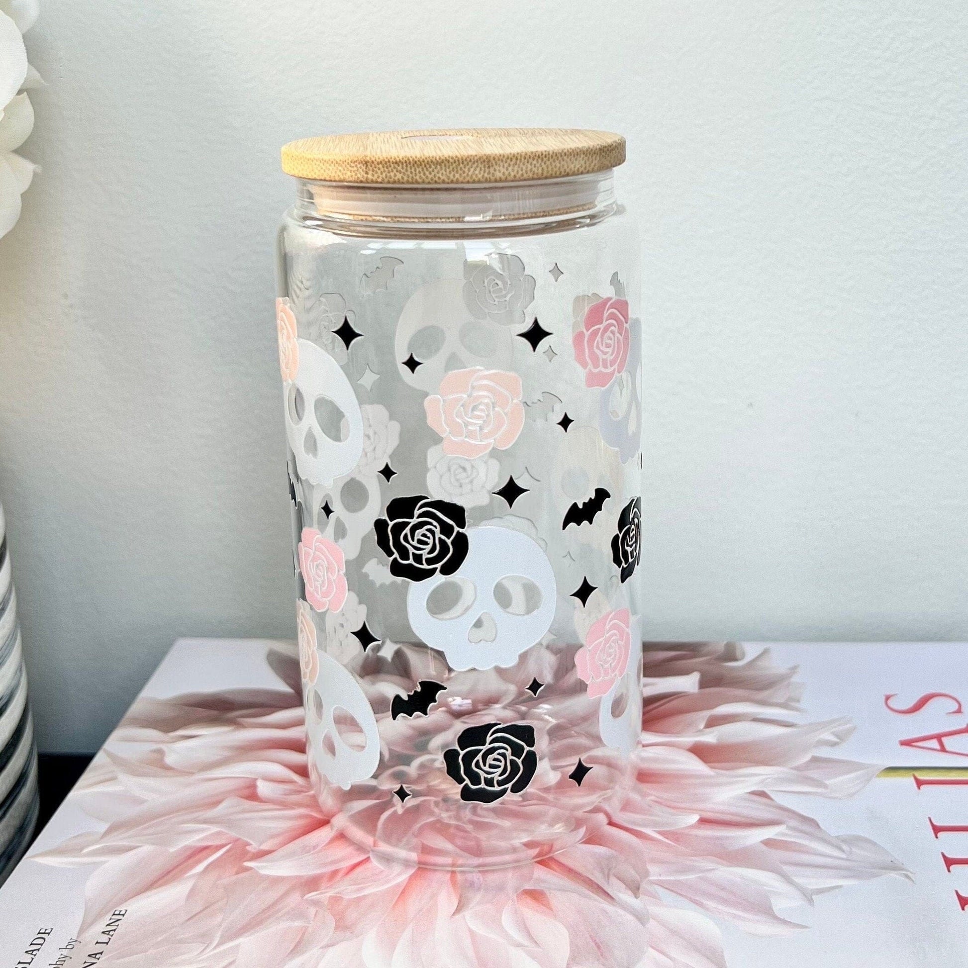 Everyday Ego Skull Libbey Glass Cup With Straw | Skulls and Roses Cup | Glass Cup Coffee Can Beer | Day of Dead | Gothic Coffee Cup | Aesthetic Glass