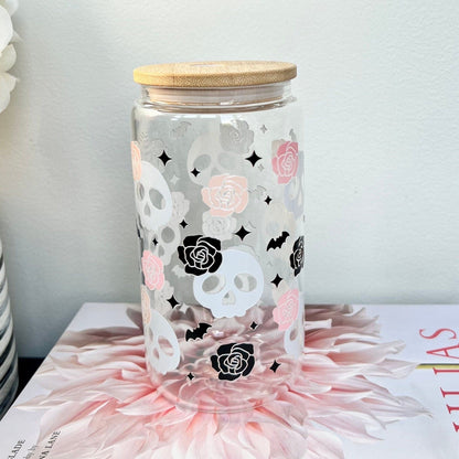 Everyday Ego Skull Libbey Glass Cup With Straw | Skulls and Roses Cup | Glass Cup Coffee Can Beer | Day of Dead | Gothic Coffee Cup | Aesthetic Glass