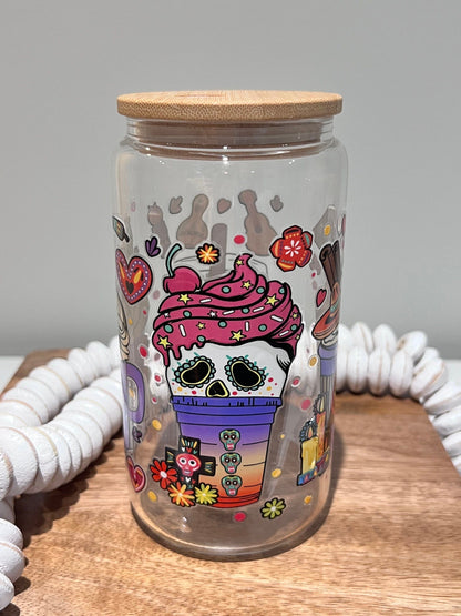 Everyday Ego Day of Dead Glass Can Cup,  Día De Los Muertos Glass Coffee Cup, Cute Beer Can Cup, Iced Coffee Glass Cup With Lid And Straw, Coffee  Gift