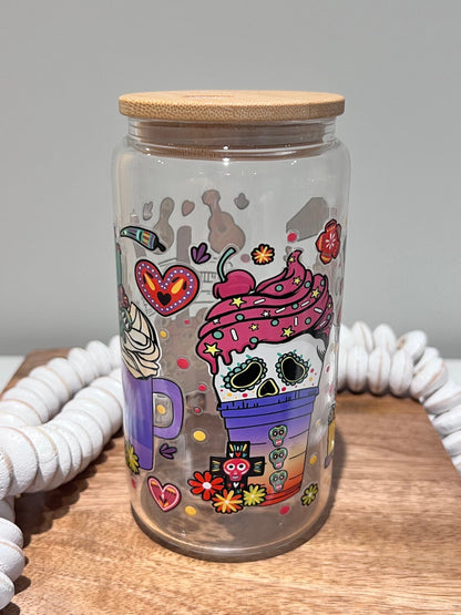 Everyday Ego Day of Dead Glass Can Cup,  Día De Los Muertos Glass Coffee Cup, Cute Beer Can Cup, Iced Coffee Glass Cup With Lid And Straw, Coffee  Gift