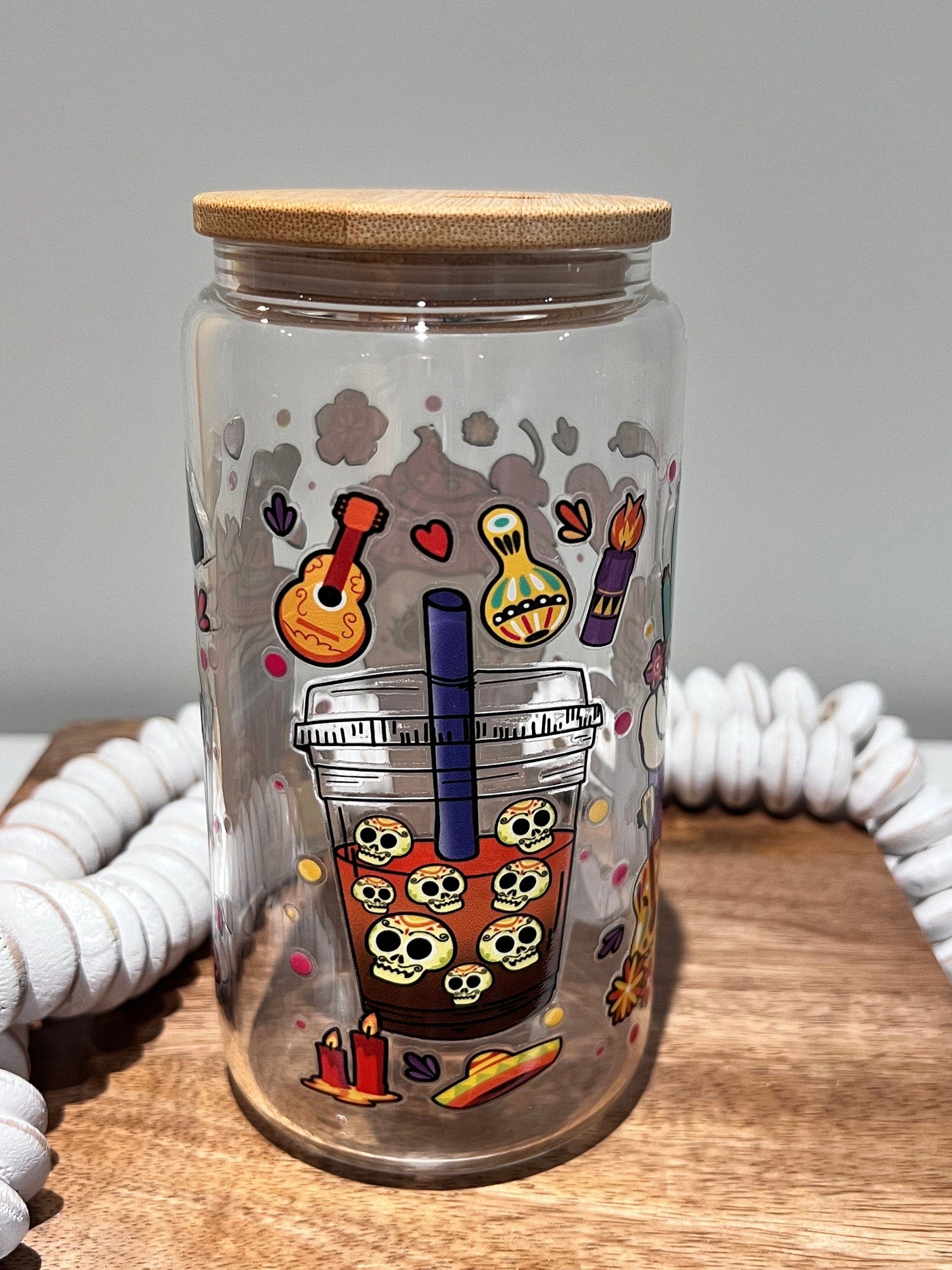 Everyday Ego Day of Dead Glass Can Cup,  Día De Los Muertos Glass Coffee Cup, Cute Beer Can Cup, Iced Coffee Glass Cup With Lid And Straw, Coffee  Gift