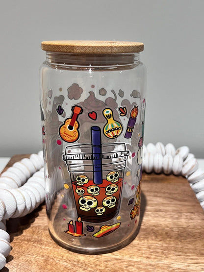 Everyday Ego Day of Dead Glass Can Cup,  Día De Los Muertos Glass Coffee Cup, Cute Beer Can Cup, Iced Coffee Glass Cup With Lid And Straw, Coffee  Gift