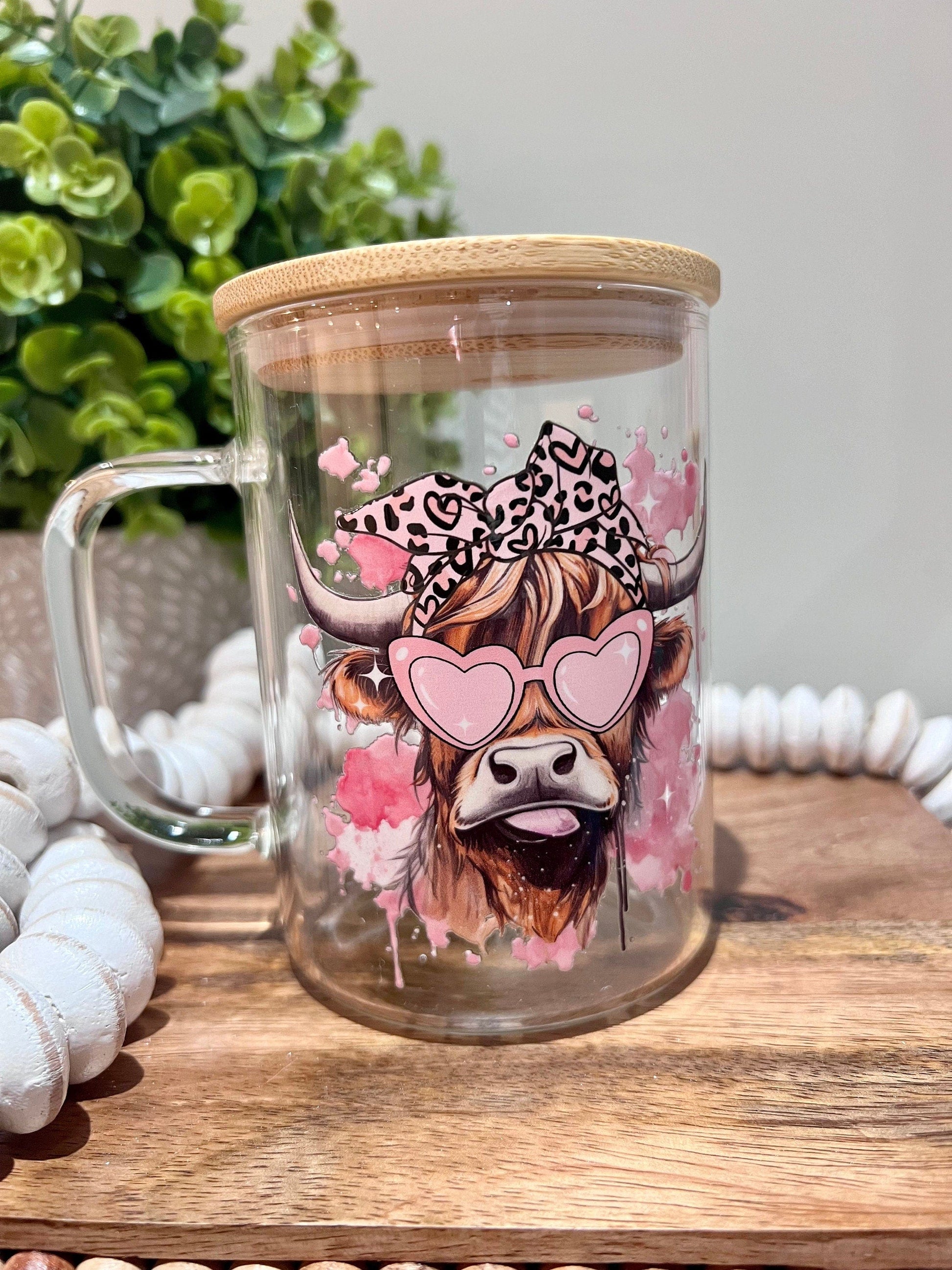 Everyday Ego Glass Mug With Lid | Mug With Handle | Highland Cow Glass Mug | Bougie Highland Cow Mug | Cute Highland Cow | Gift for Mom | Birthday Gift