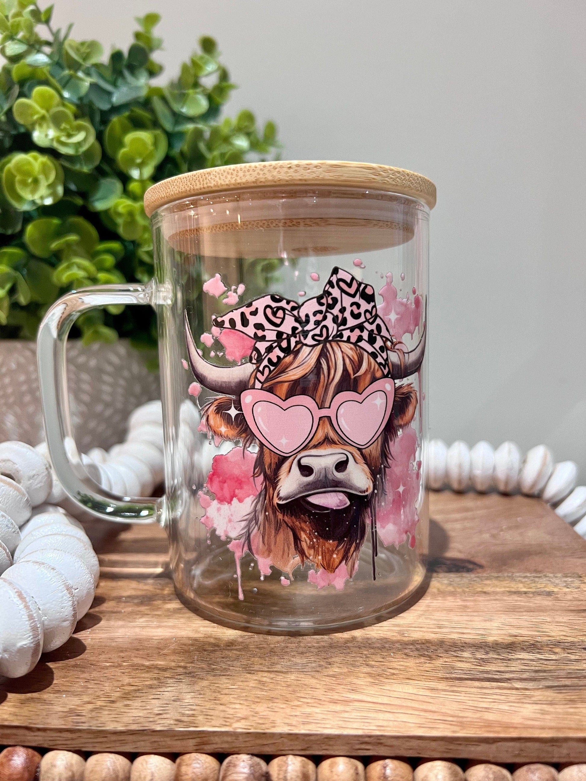Everyday Ego Glass Mug With Lid | Mug With Handle | Highland Cow Glass Mug | Bougie Highland Cow Mug | Cute Highland Cow | Gift for Mom | Birthday Gift