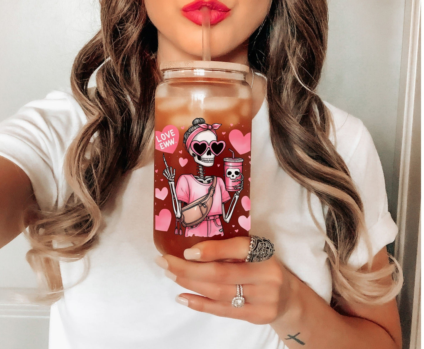 Everyday Ego Funny Mom Glass Can Cup | Eww Love | Iced Coffee Cup | Bougie Mom Tumbler | Bestie Glass Mug | Meeting Gift | Glass Cups with Lid and Straw