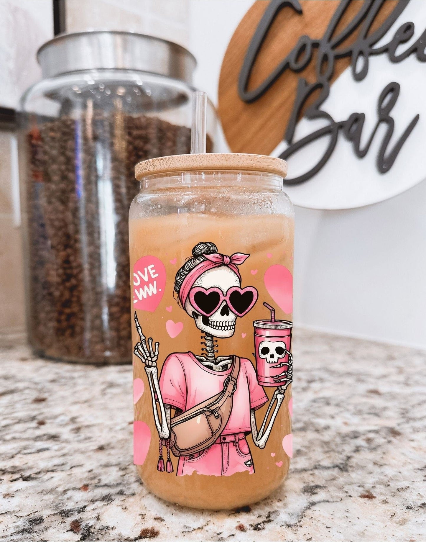 Everyday Ego Funny Mom Glass Can Cup | Eww Love | Iced Coffee Cup | Bougie Mom Tumbler | Bestie Glass Mug | Meeting Gift | Glass Cups with Lid and Straw