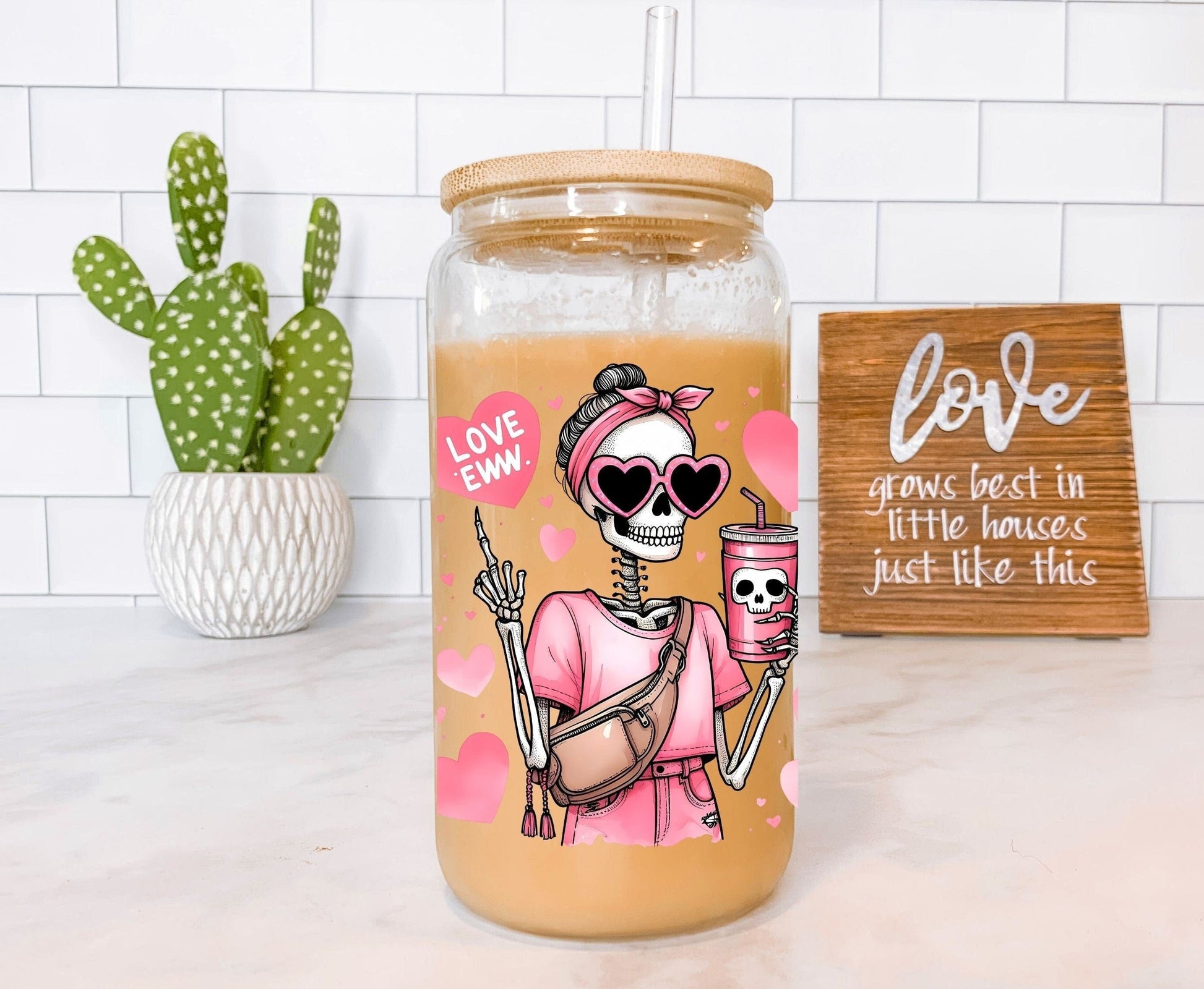Everyday Ego Funny Mom Glass Can Cup | Eww Love | Iced Coffee Cup | Bougie Mom Tumbler | Bestie Glass Mug | Meeting Gift | Glass Cups with Lid and Straw