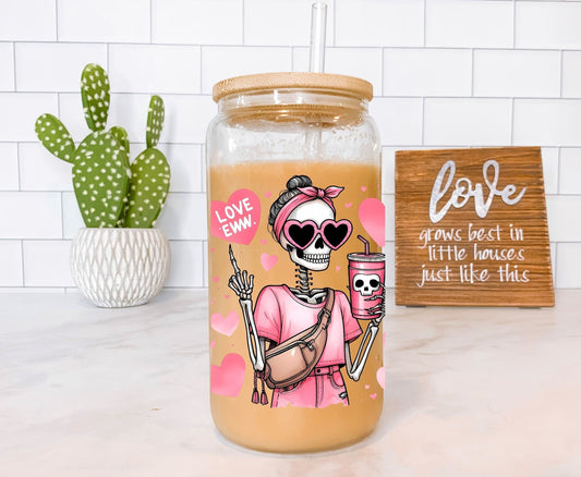 Everyday Ego Funny Mom Glass Can Cup | Eww Love | Iced Coffee Cup | Bougie Mom Tumbler | Bestie Glass Mug | Meeting Gift | Glass Cups with Lid and Straw