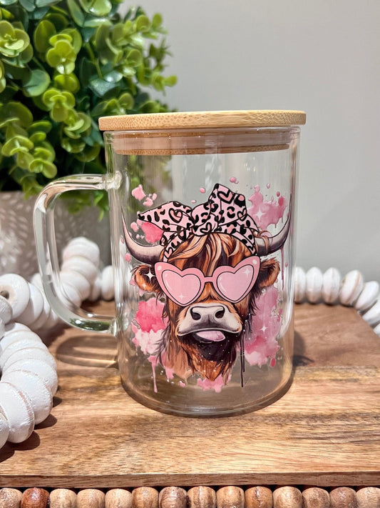 Everyday Ego Glass Mug With Lid | Mug With Handle | Highland Cow Glass Mug | Bougie Highland Cow Mug | Cute Highland Cow | Gift for Mom | Birthday Gift