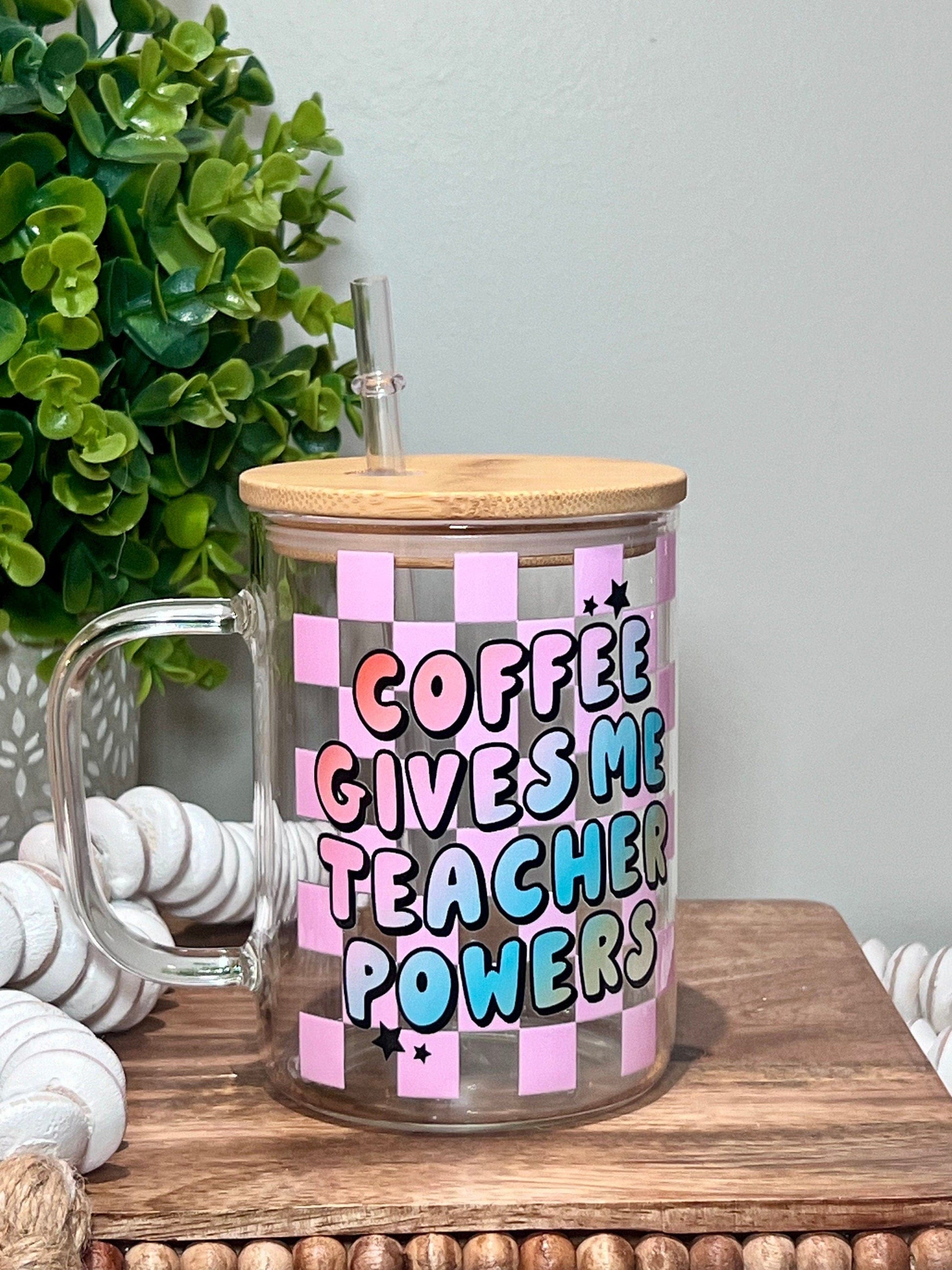 Everyday Ego Teacher Glass Mug | Iced Coffee Cup | Teacher Gift | Teacher Appreciation | Gifts for Teacher | Coffee Gives Me Teacher Powers Mug | Checker