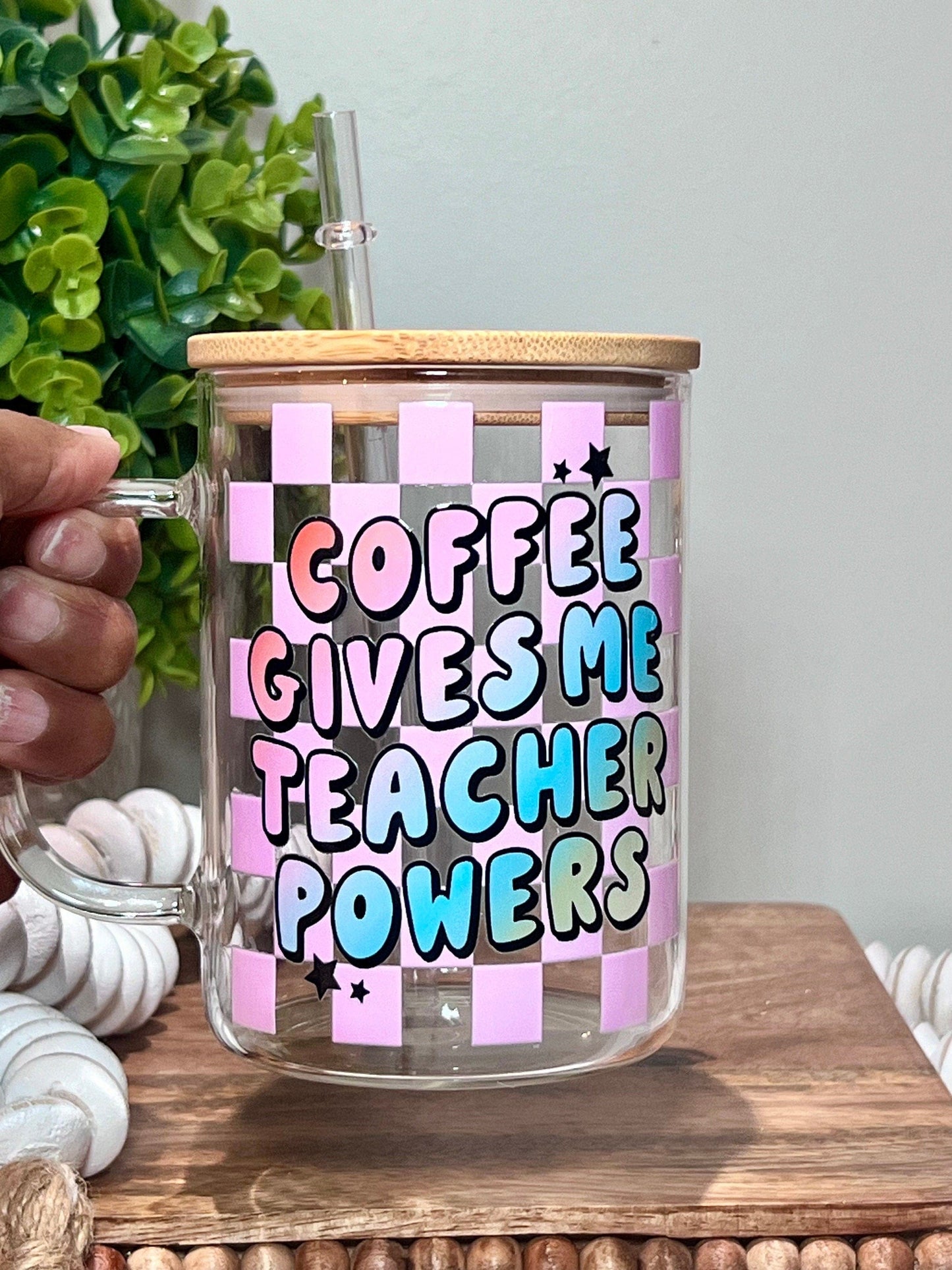 Everyday Ego Teacher Glass Mug | Iced Coffee Cup | Teacher Gift | Teacher Appreciation | Gifts for Teacher | Coffee Gives Me Teacher Powers Mug | Checker
