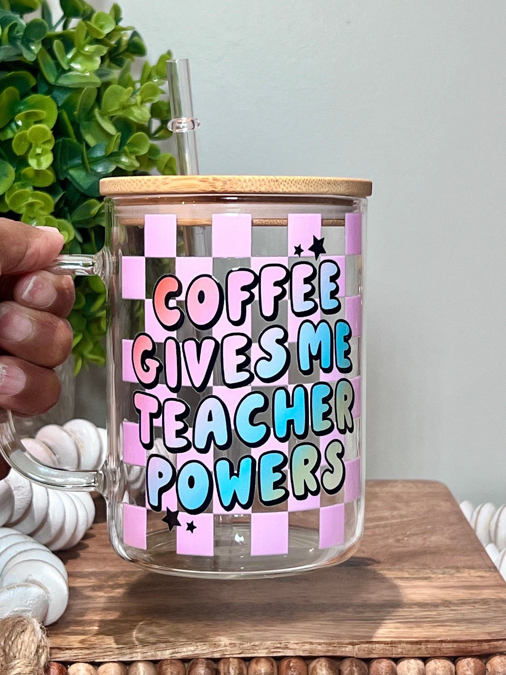 Everyday Ego Teacher Glass Mug | Iced Coffee Cup | Teacher Gift | Teacher Appreciation | Gifts for Teacher | Coffee Gives Me Teacher Powers Mug | Checker