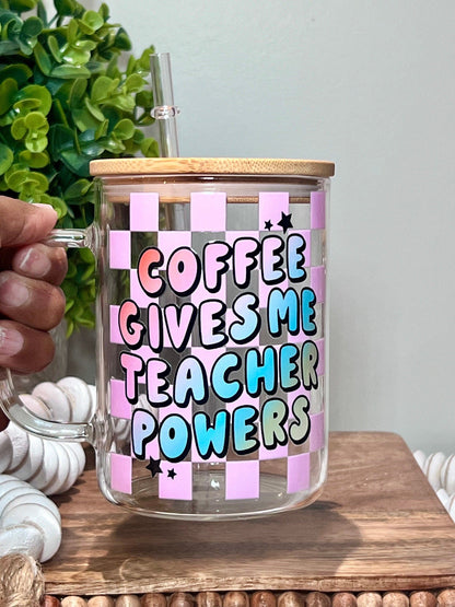 Everyday Ego Teacher Glass Mug | Iced Coffee Cup | Teacher Gift | Teacher Appreciation | Gifts for Teacher | Coffee Gives Me Teacher Powers Mug | Checker