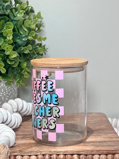 Everyday Ego Teacher Glass Mug | Iced Coffee Cup | Teacher Gift | Teacher Appreciation | Gifts for Teacher | Coffee Gives Me Teacher Powers Mug | Checker