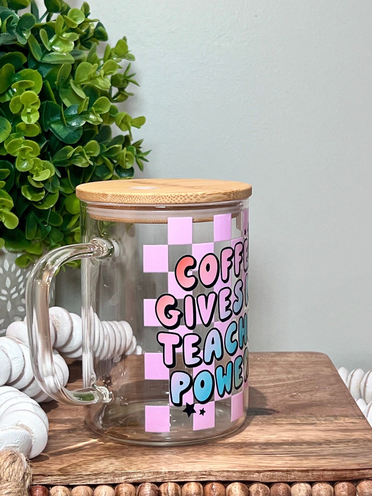 Everyday Ego Teacher Glass Mug | Iced Coffee Cup | Teacher Gift | Teacher Appreciation | Gifts for Teacher | Coffee Gives Me Teacher Powers Mug | Checker