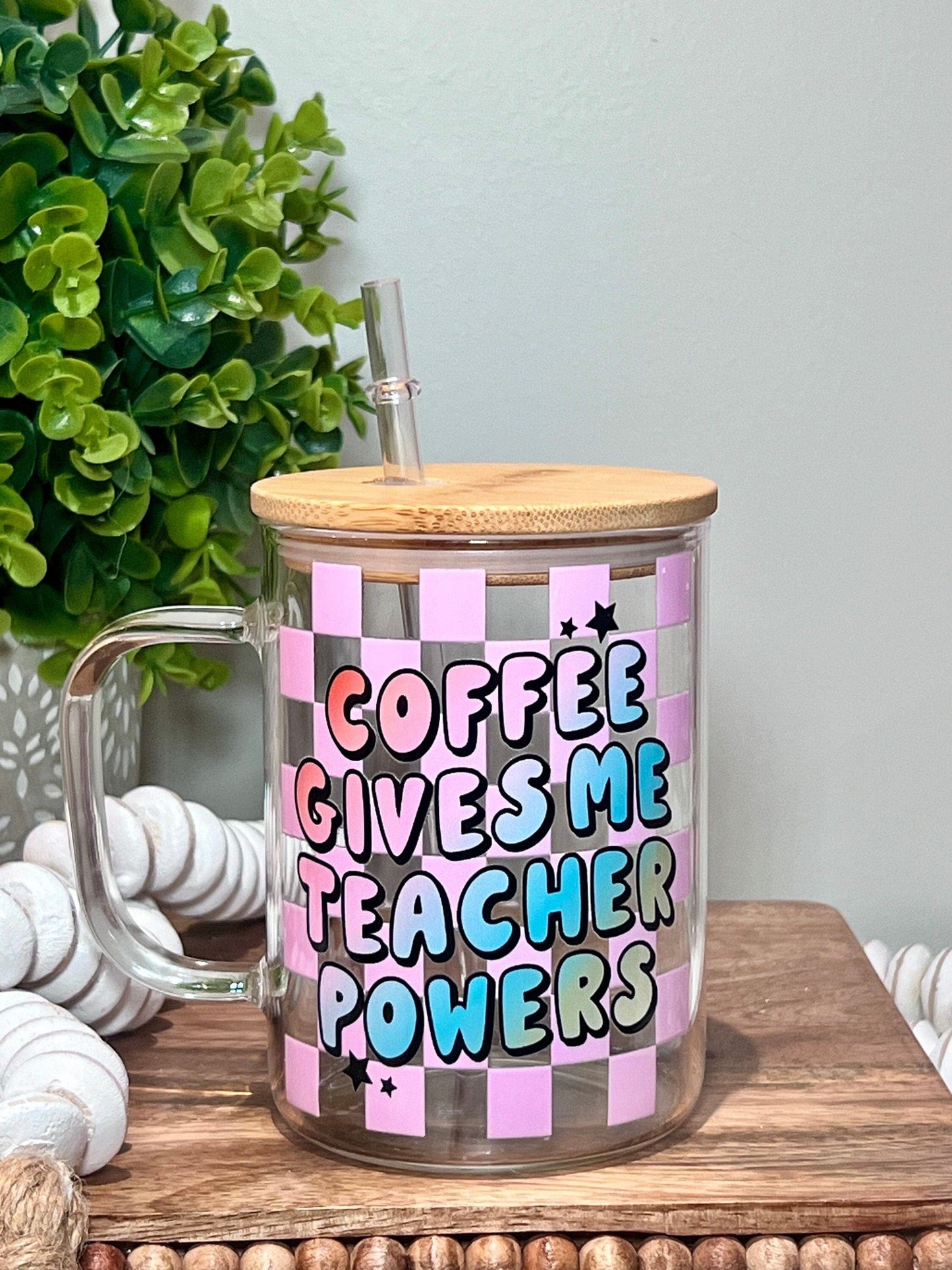 Everyday Ego Teacher Glass Mug | Iced Coffee Cup | Teacher Gift | Teacher Appreciation | Gifts for Teacher | Coffee Gives Me Teacher Powers Mug | Checker