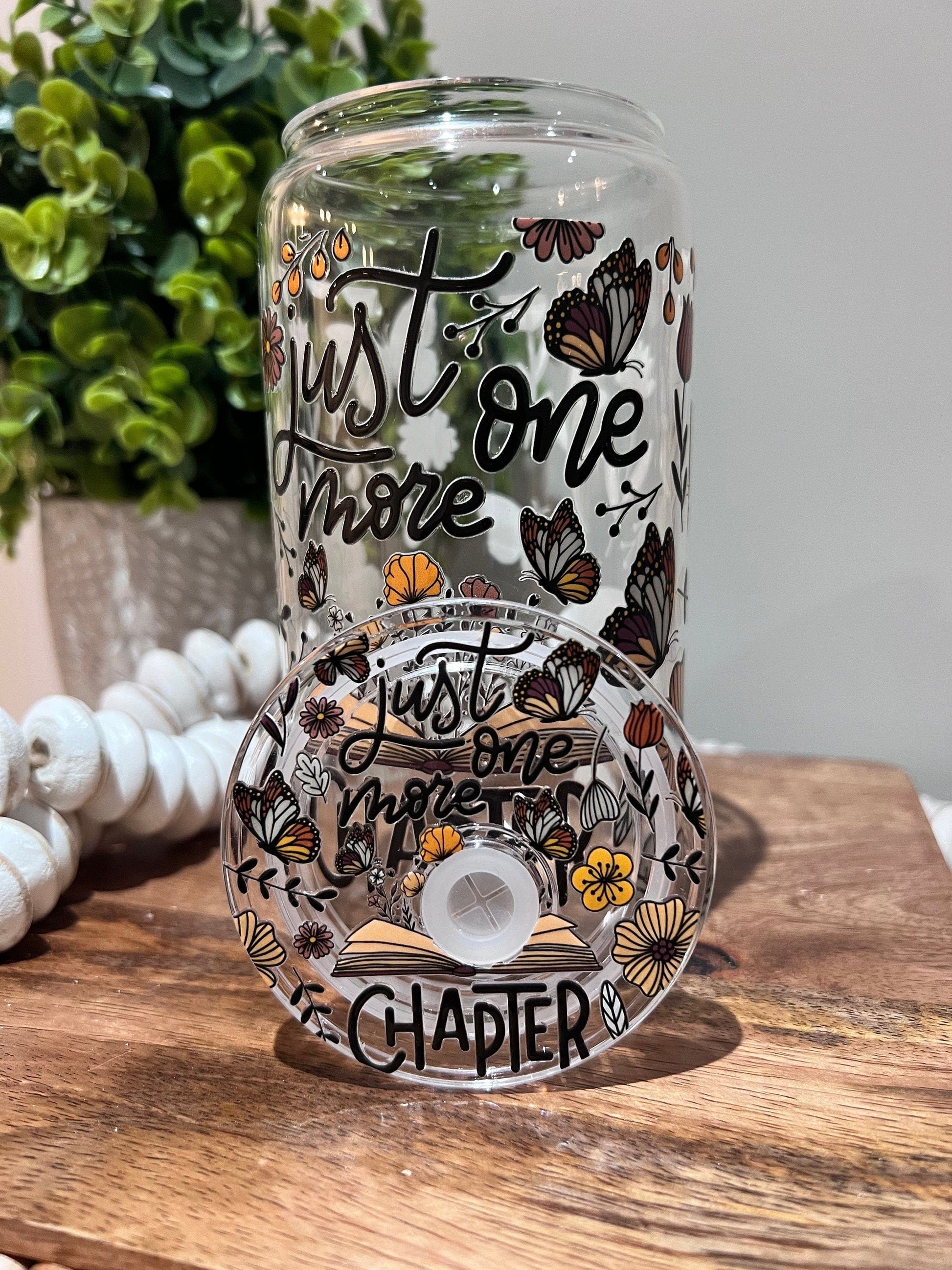 Everyday Ego Just One More Chapter Glass Can | Glass Coffee Cup | Book Club Gifts | Glass Tumbler with Lid and Straw | Floral Butterfly Reader Gift