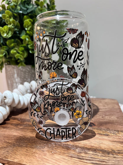 Everyday Ego Just One More Chapter Glass Can | Glass Coffee Cup | Book Club Gifts | Glass Tumbler with Lid and Straw | Floral Butterfly Reader Gift