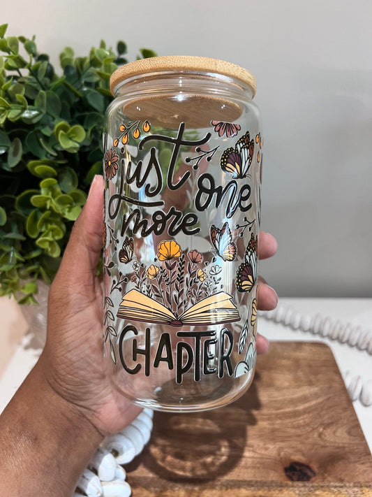 Everyday Ego Just One More Chapter Glass Can | Glass Coffee Cup | Book Club Gifts | Glass Tumbler with Lid and Straw | Floral Butterfly Reader Gift