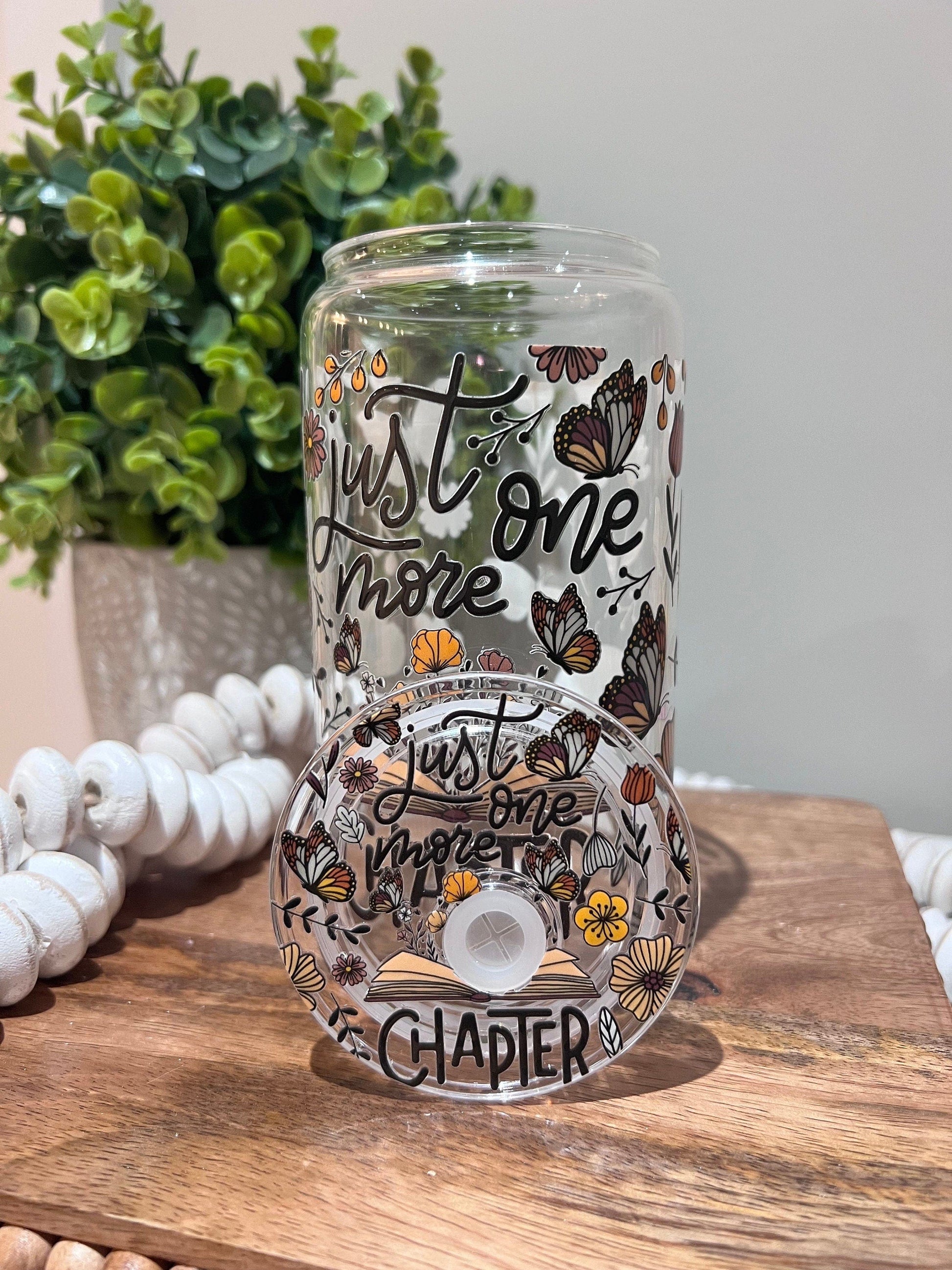 Everyday Ego Just One More Chapter Glass Can | Glass Coffee Cup | Book Club Gifts | Glass Tumbler with Lid and Straw | Floral Butterfly Reader Gift