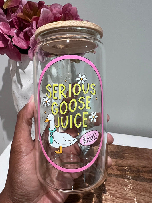 Everyday Ego Serious Goose Juice Glass Can  | Meme Gift | Glass Cups with Lid and Straw | Silly Goose Glass Mug | Iced Coffee Cup | Cocktails | Mocktails