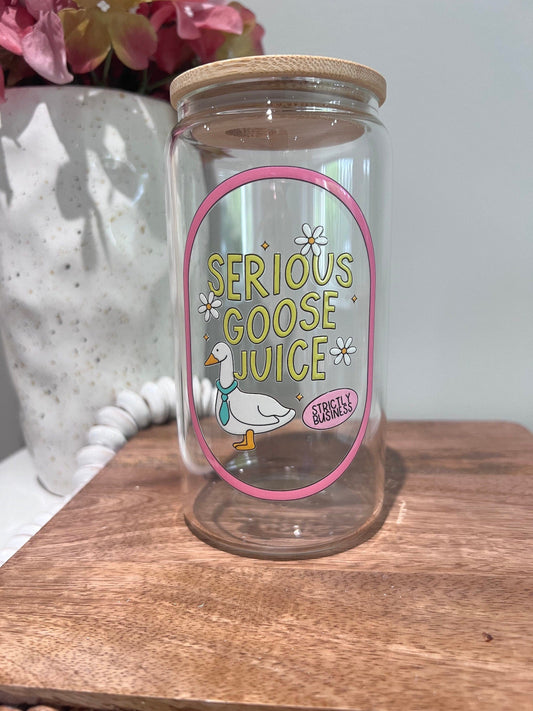 Everyday Ego Serious Goose Juice Glass Can  | Meme Gift | Glass Cups with Lid and Straw | Silly Goose Glass Mug | Iced Coffee Cup | Cocktails | Mocktails