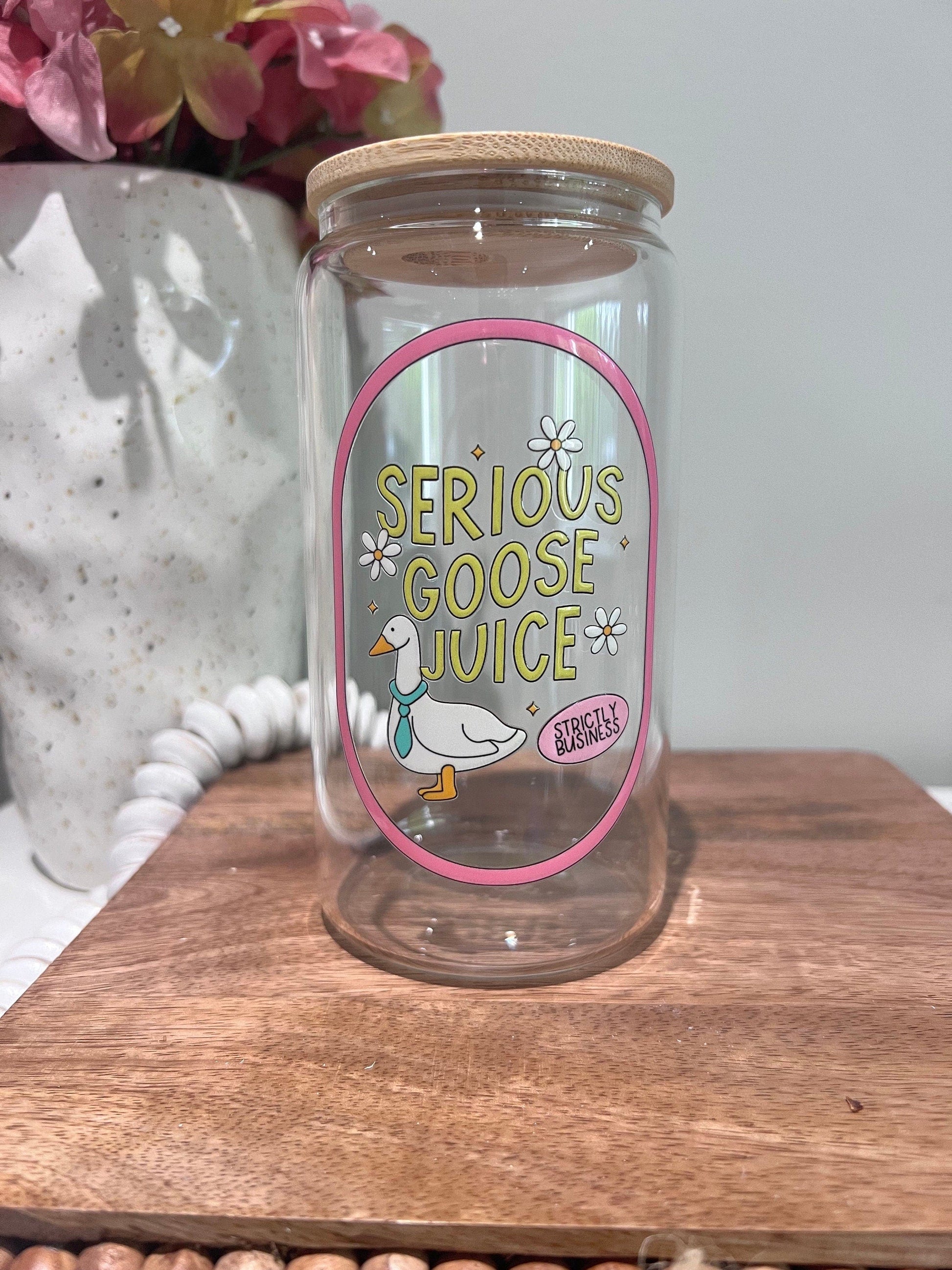 Everyday Ego Serious Goose Juice Glass Can  | Meme Gift | Glass Cups with Lid and Straw | Silly Goose Glass Mug | Iced Coffee Cup | Cocktails | Mocktails