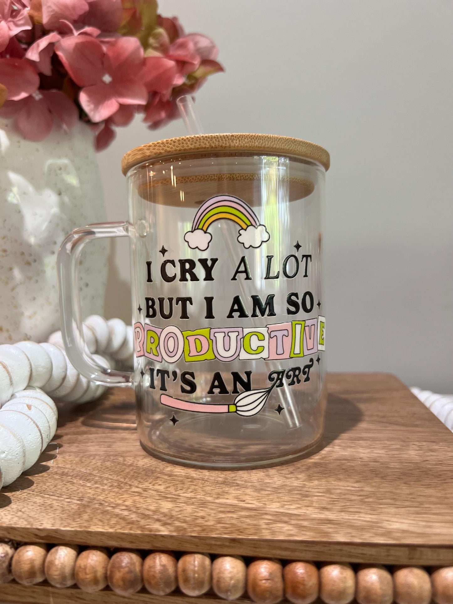 Everyday Ego Glass Mug GlassMug+Lid+PlStraw / Bend I Cry A Lot But I Am So Productive Glass Mug | 17oz Glass Mug with Lid and Straw
