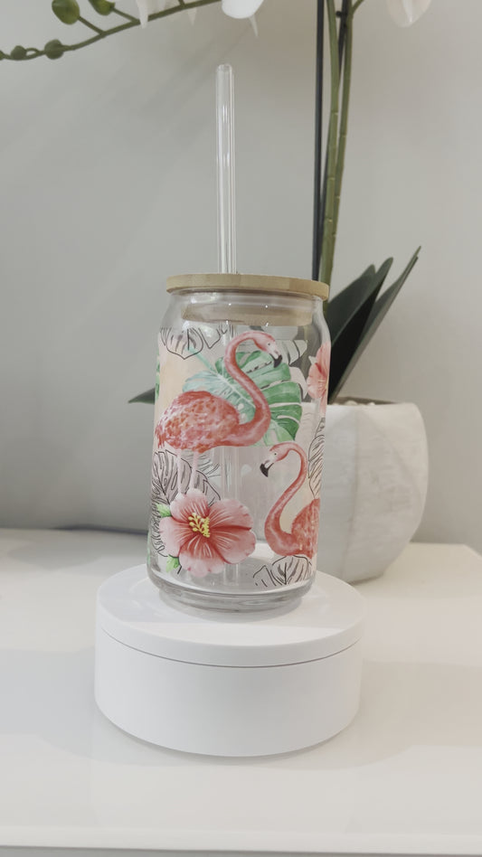 Pink Flamingo Monstera Hibiscus, Glass Coffee Cup