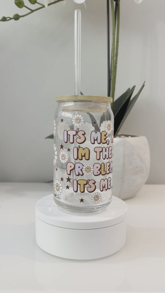 Retro Smiley Daisy It’s Me, Hi I’m The Problem It’s Me, Glass Coffee Cup